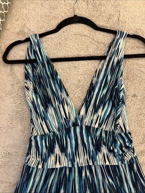 Blue & White printed dress similar to a flame stitch design